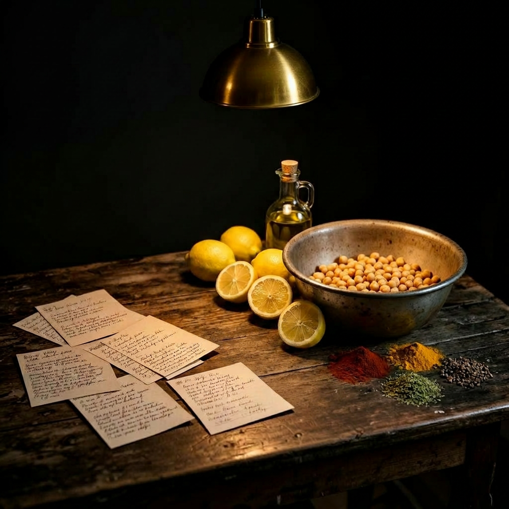 Handwritten recipe cards and a chef's knife on a worn kitchen table